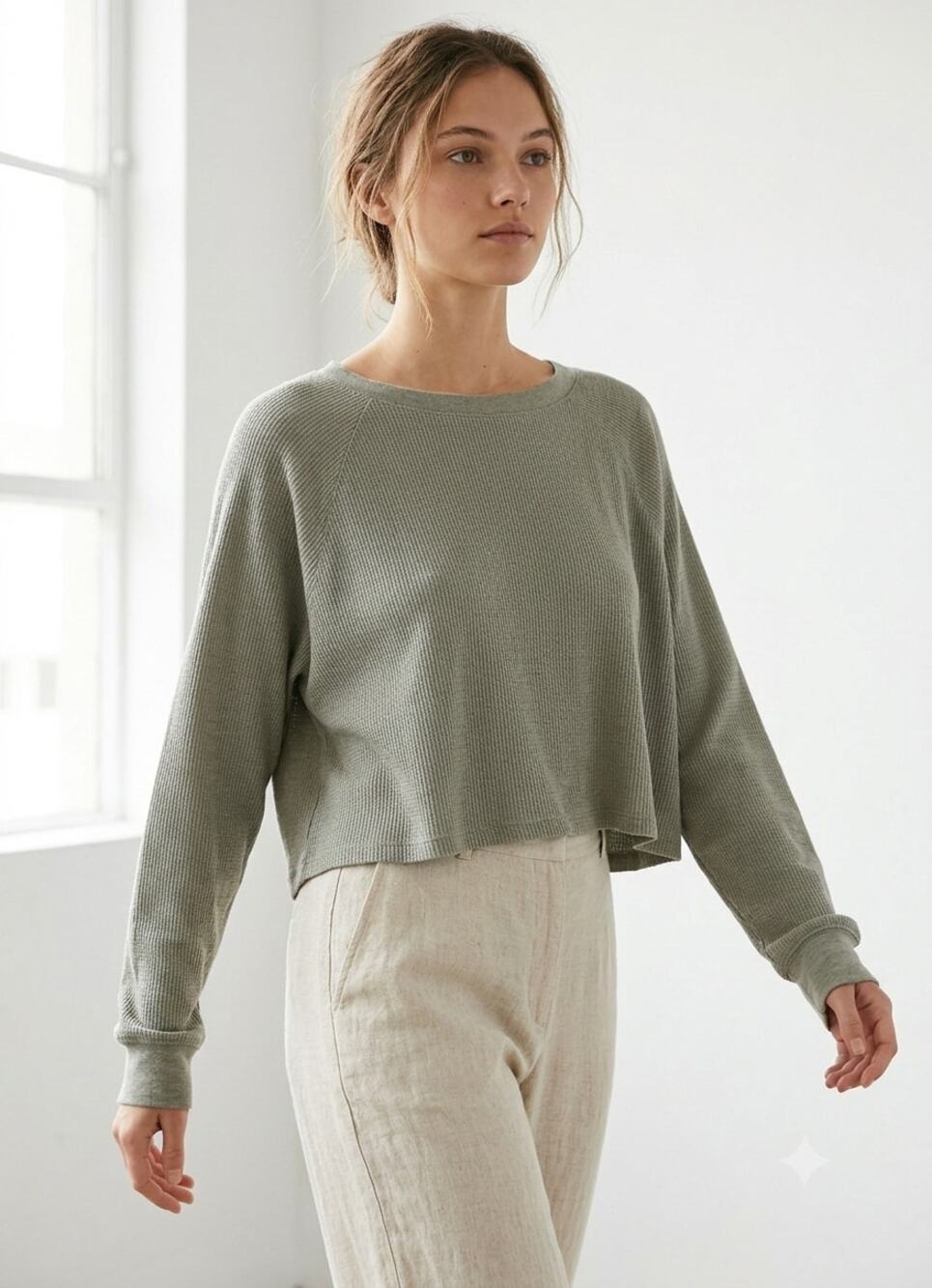 Double Zero Sage Green Waffle Knit Cropped Long Sleeve Crewneck M Layer Lounge